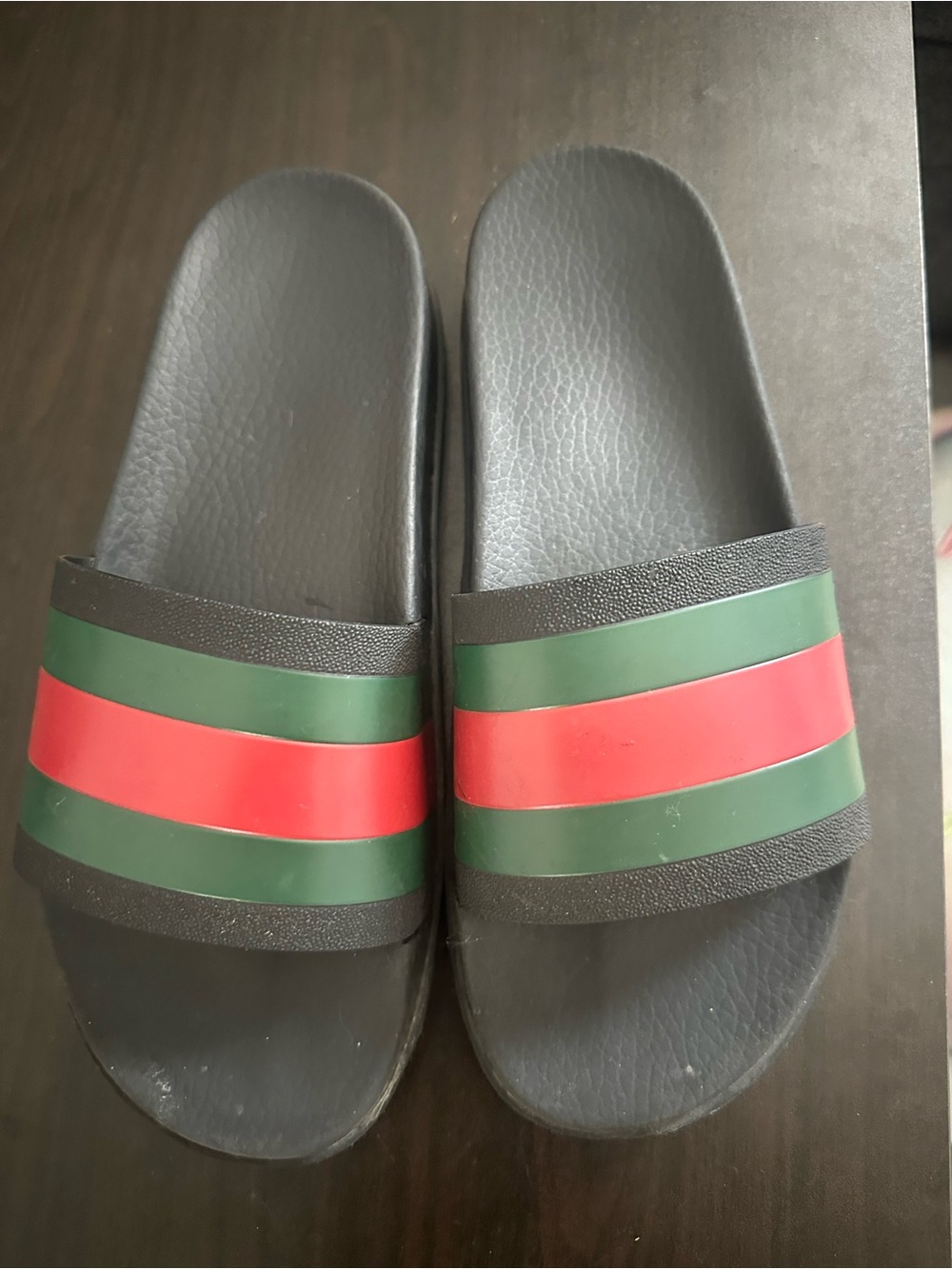 Gucci Black Slide Sandals with Green and Red Stripes